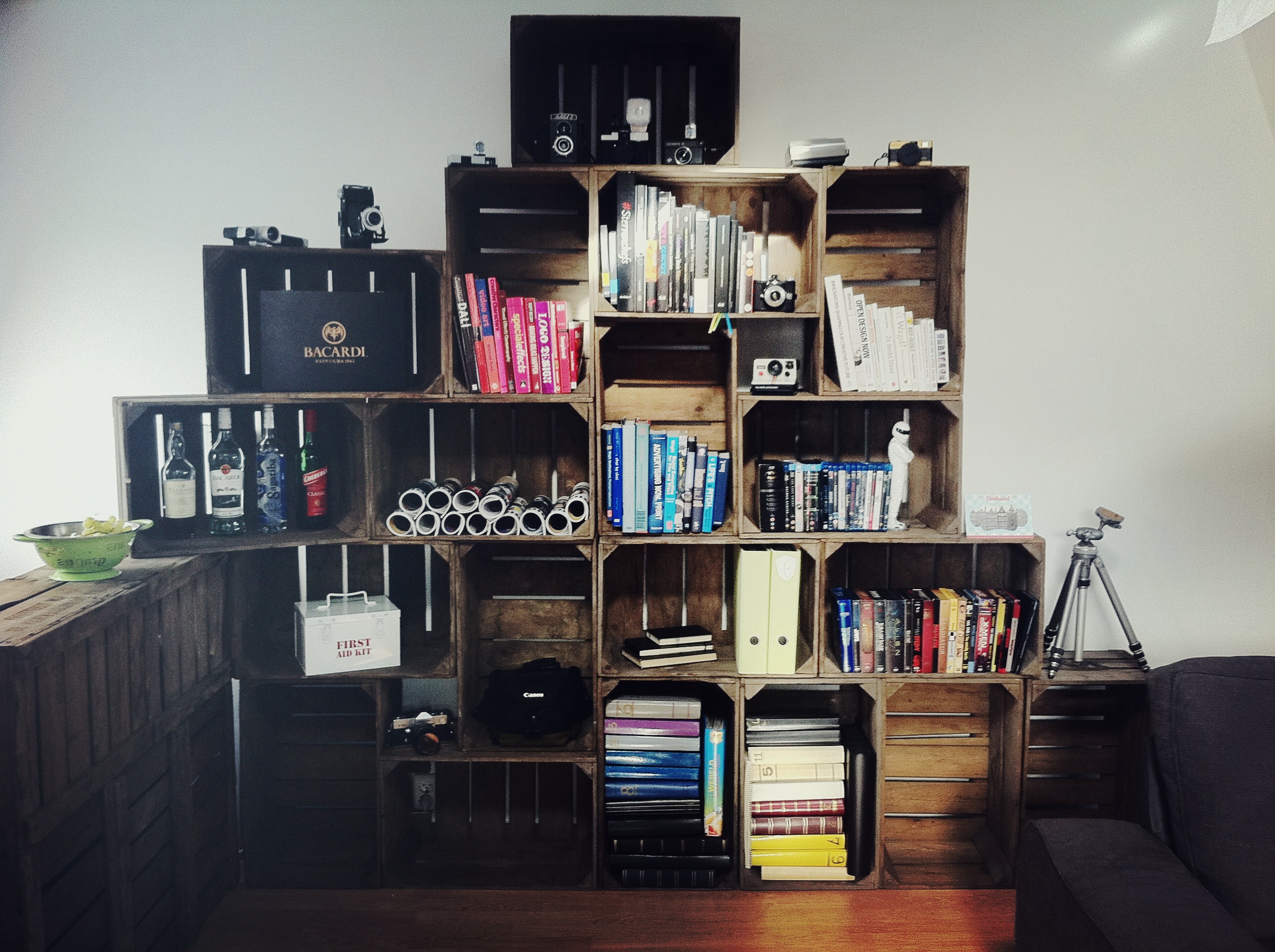 2011 - A DIY cabinet with a story: Not just containing my film camera collection, but also the many year-numbered photo albums my parents made of my childhood — I scanned them eventually.